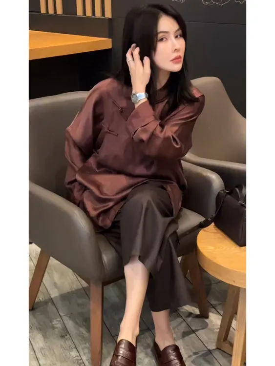 酒红色立领长袖衬衫女2025秋季新款新中式高端宽松舒适大码上衣潮