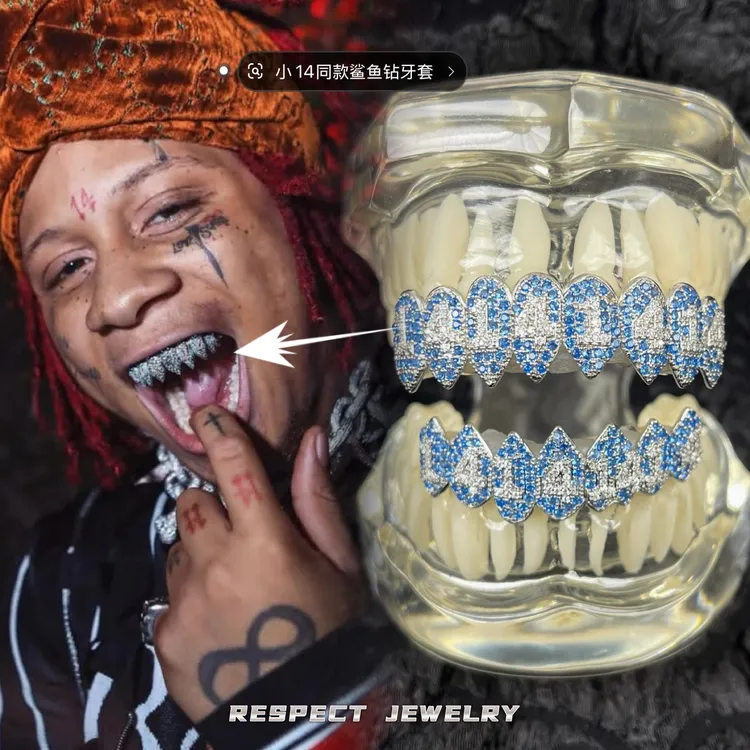 铜合金锆石吊坠 RESPECT 小14同款鲨鱼牙通用满钻牙套grillz