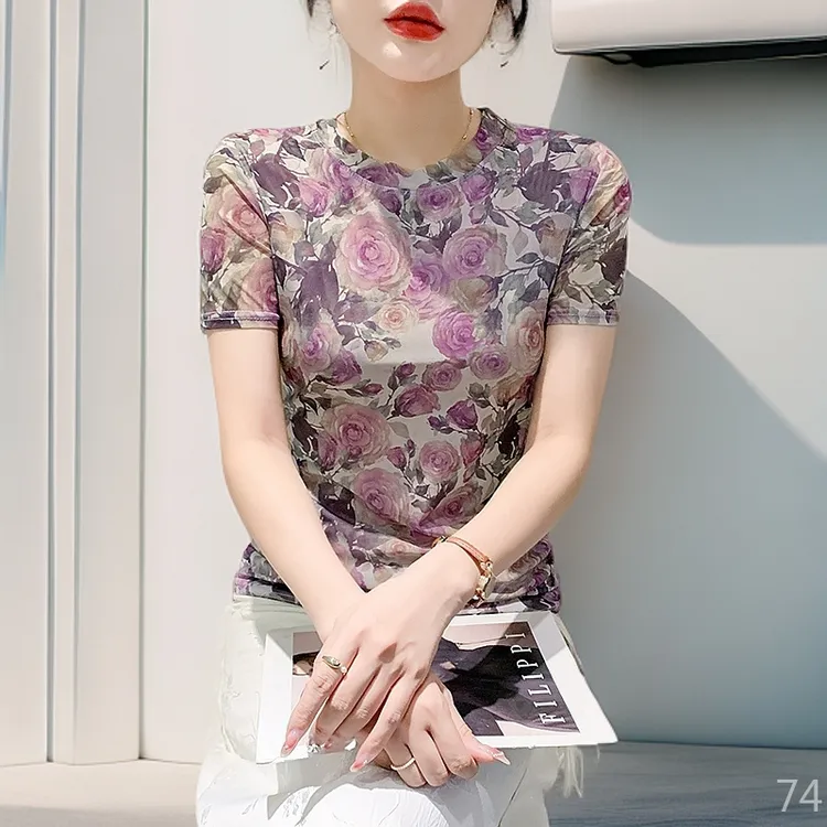时尚洋气网纱t恤短袖打底衫女款爆款2025新款温婉大方衣服潮牌半