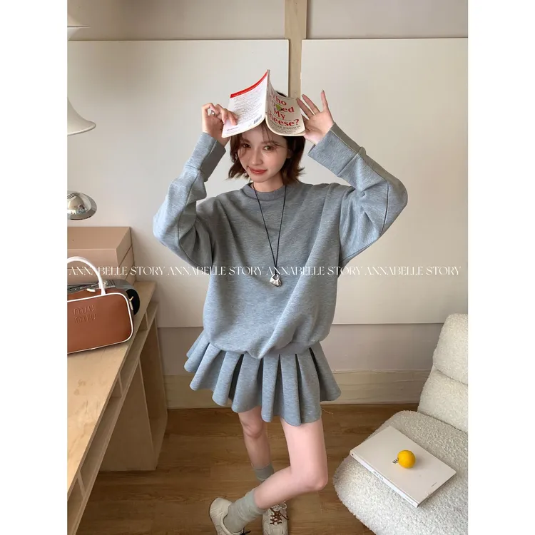 韩系学院风甜美气质显瘦蝴蝶结露背灰色卫衣百褶半身裙套装女春秋