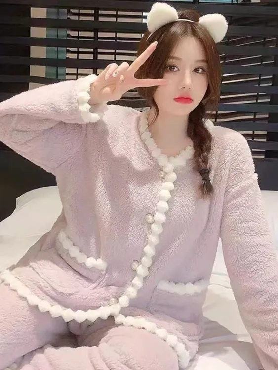 秋冬款新款睡衣加绒保暖宽松甜美居家月子服套装睡衣