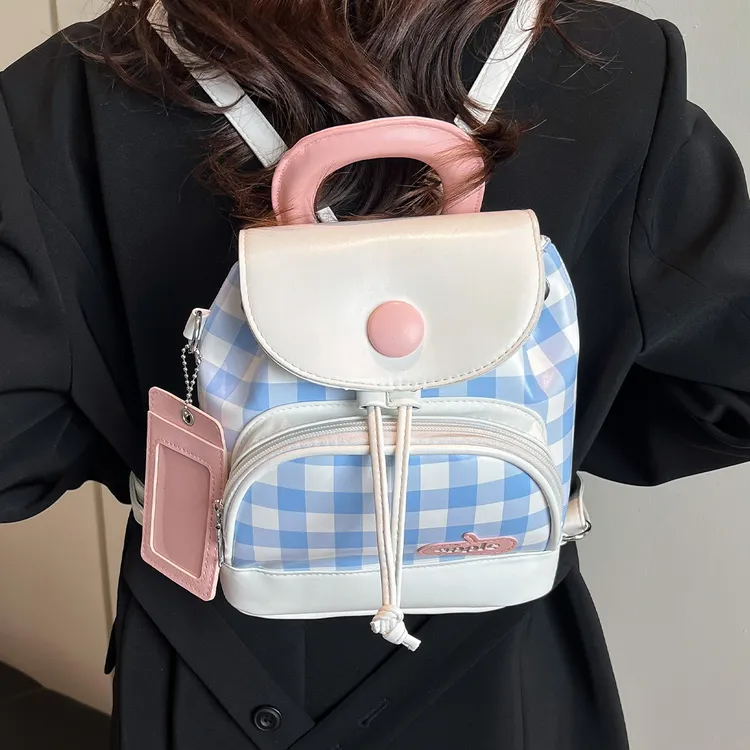 韩系可爱少女学生包2025春季新款撞色格子双肩包高级质感时尚女包
