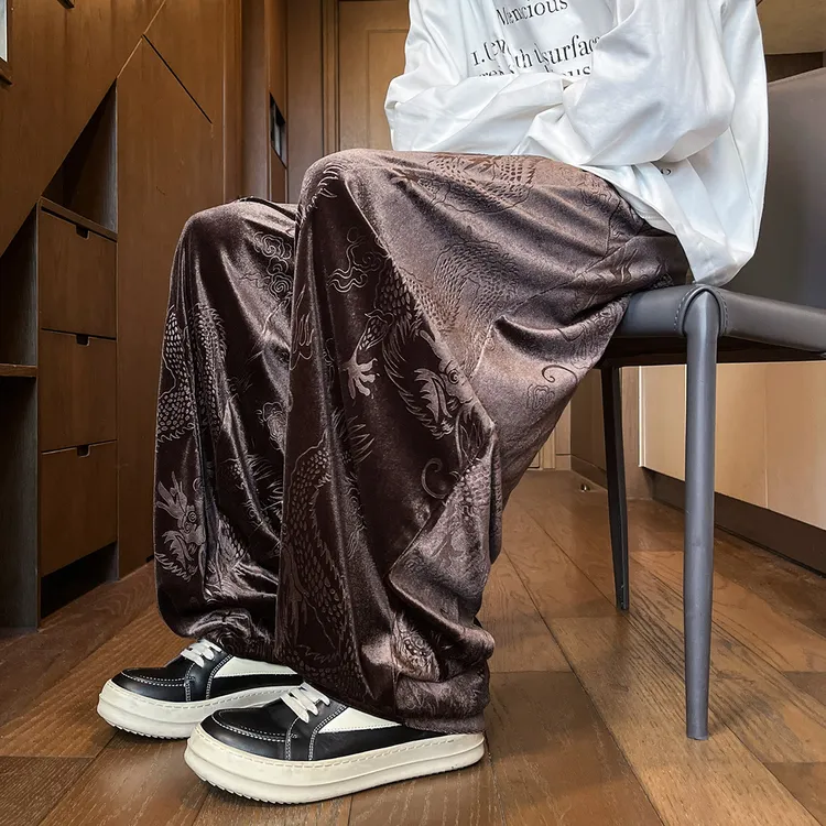 阔腿休闲裤男士高级感慵懒风金丝绒直筒长裤中国风大码宽松哈伦裤