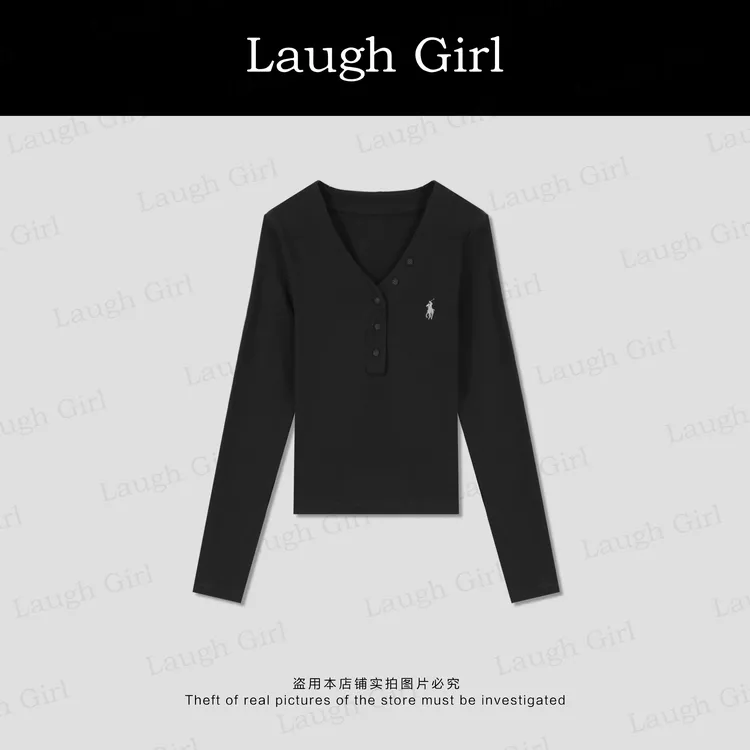 楚楚君 Laugh girl【小马刺绣】纯欲V领纽扣小马标上衣TL531026J