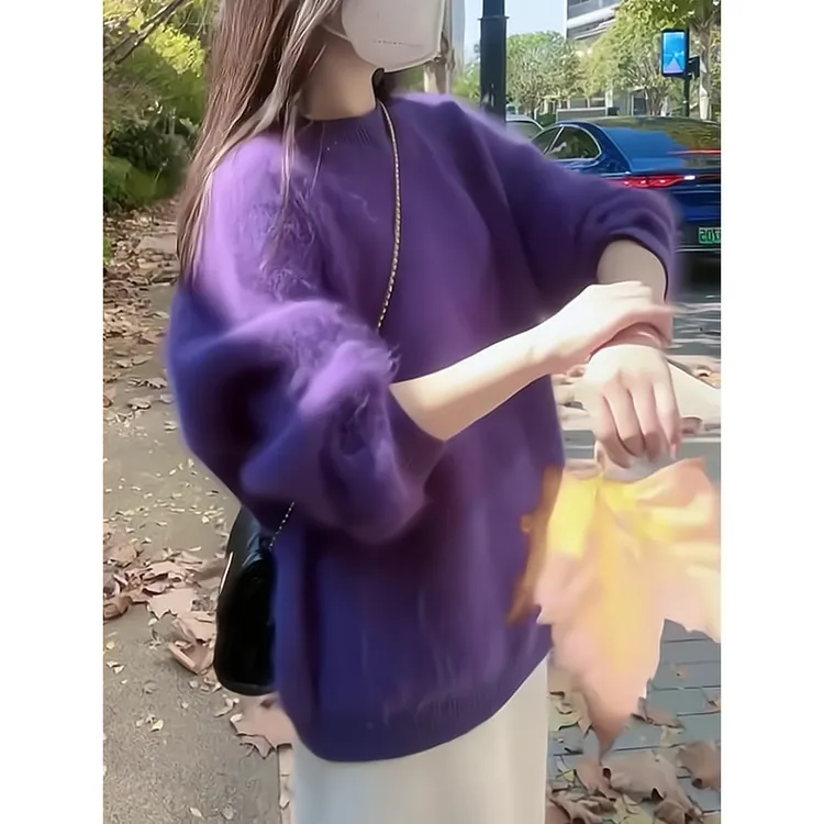巨好看高级感穿搭梨型身材紫色上衣女秋冬针织衫毛绒软糯宽松毛衣