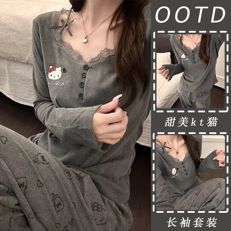 卡通可爱KT猫睡衣女春秋季韩版休闲学生可外穿长袖长裤家居服套装