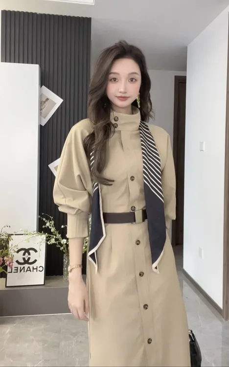 【L·Z】高级感气质立领风衣连衣裙女秋季显瘦现款法式宽松长款外套