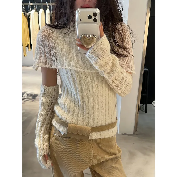 2025秋冬新款温柔高领竖纹披肩针织衫上衣毛衣阔腿裤直筒裤长裤子