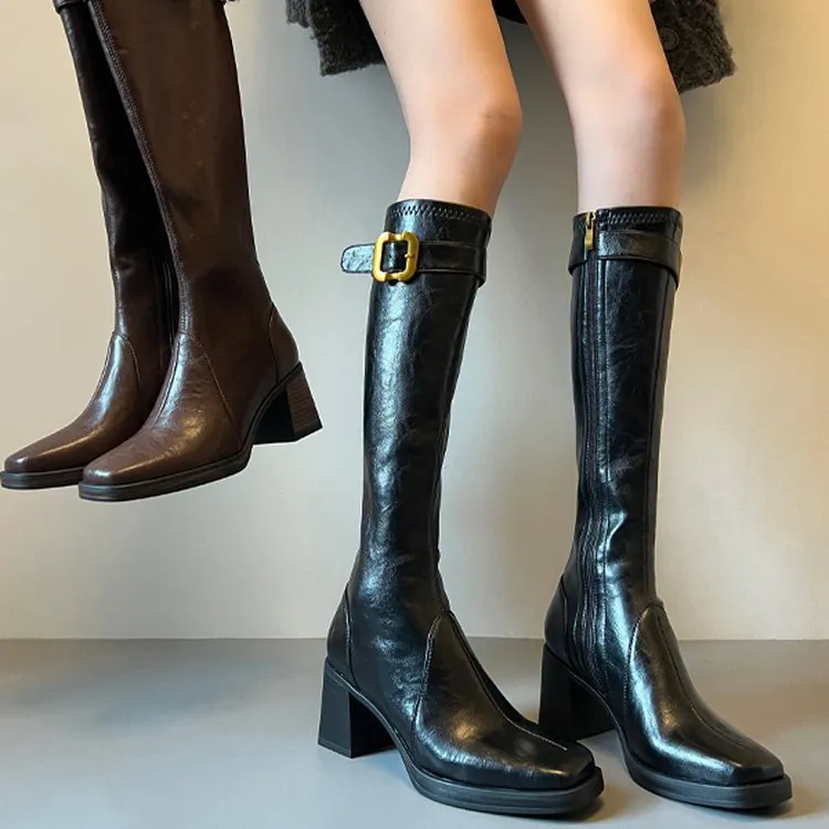 【专柜】爆款羊皮版金属扣厚底不过膝长靴粗跟长筒靴瘦瘦靴骑士靴女