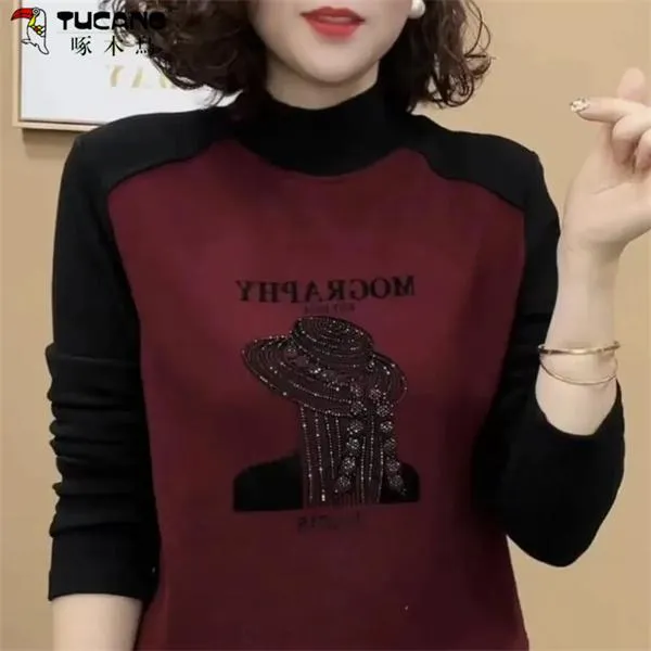 啄木鸟双面德绒打底衫气质减龄时尚新款半高领女士别致长袖T恤