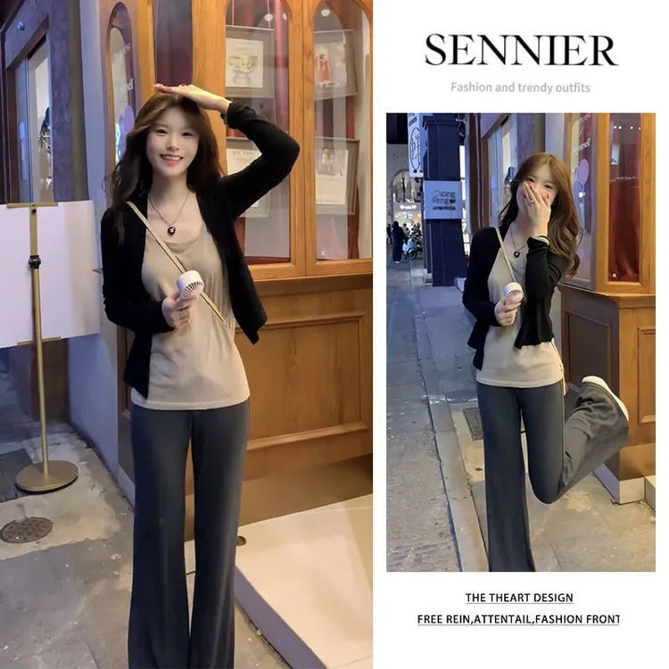 韩系穿搭2025夏季新款修身长袖防晒开衫纯色背心显瘦微喇裤三件套