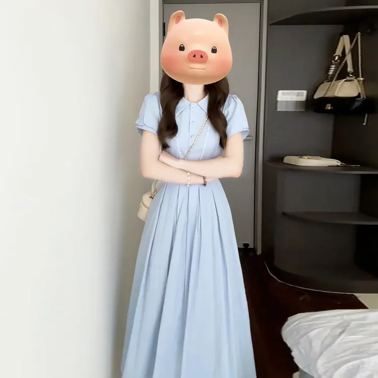 法式蓝色衬衫连衣裙子女夏季2026新爆款巨好看收腰学院风气质长裙