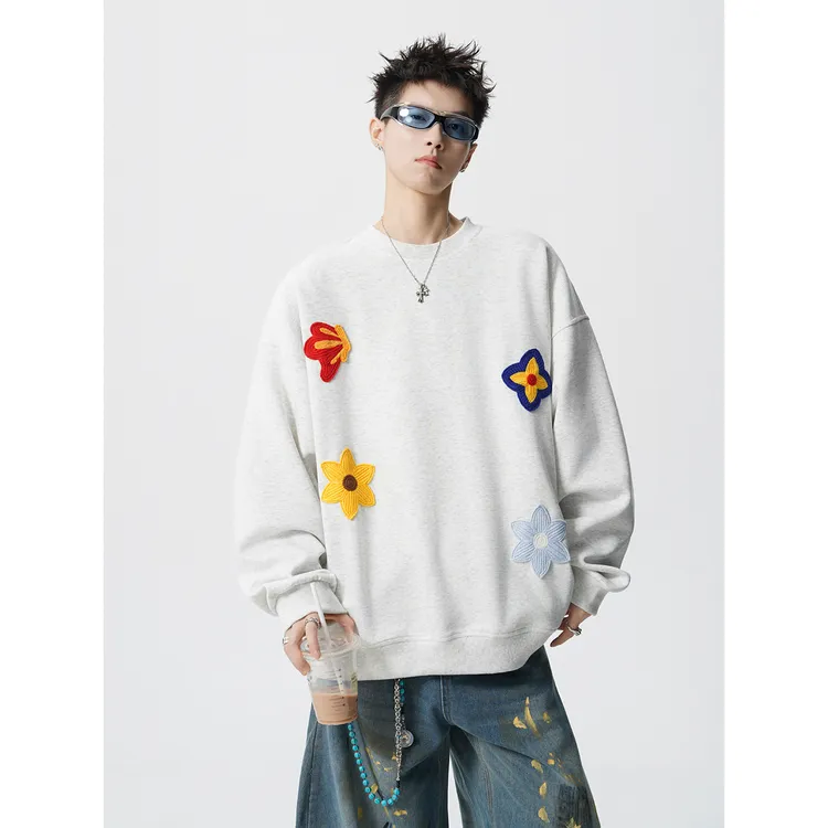 美式花卉刺绣重磅圆领卫衣男潮牌秋季宽松设计感百搭休闲套头上衣