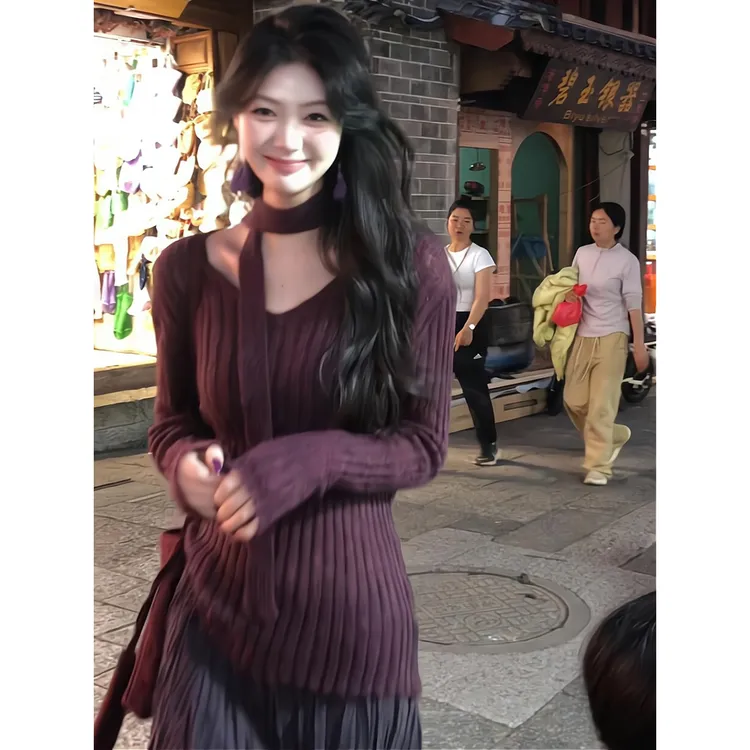 紫色挂脖宽松慵懒风打底衫毛衣针织衫上衣百褶半身裙大摆a字长裙