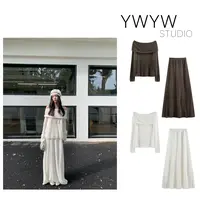 【YWYW25F/W】一字肩宽松长袖针织衫上衣+大摆A字长裙时尚套装5512