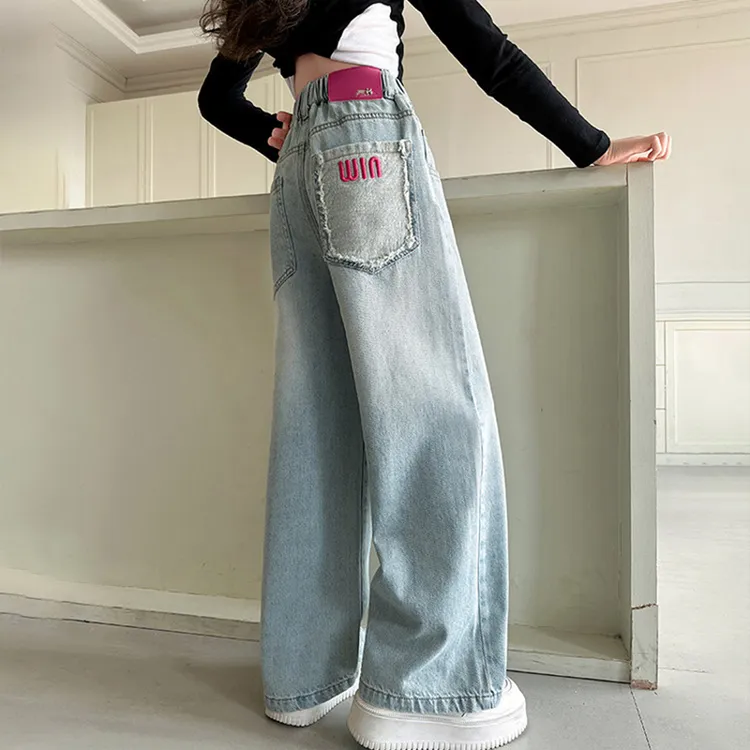 女童牛仔阔腿裤春秋2025新款儿童刺绣裤子韩版女孩百搭休闲裤洋气