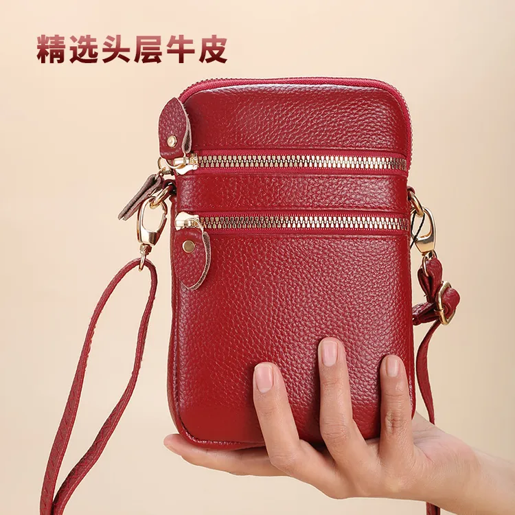 单肩斜跨竖款拉链纯色手机包韩版真皮百搭休闲网红小包时尚简约