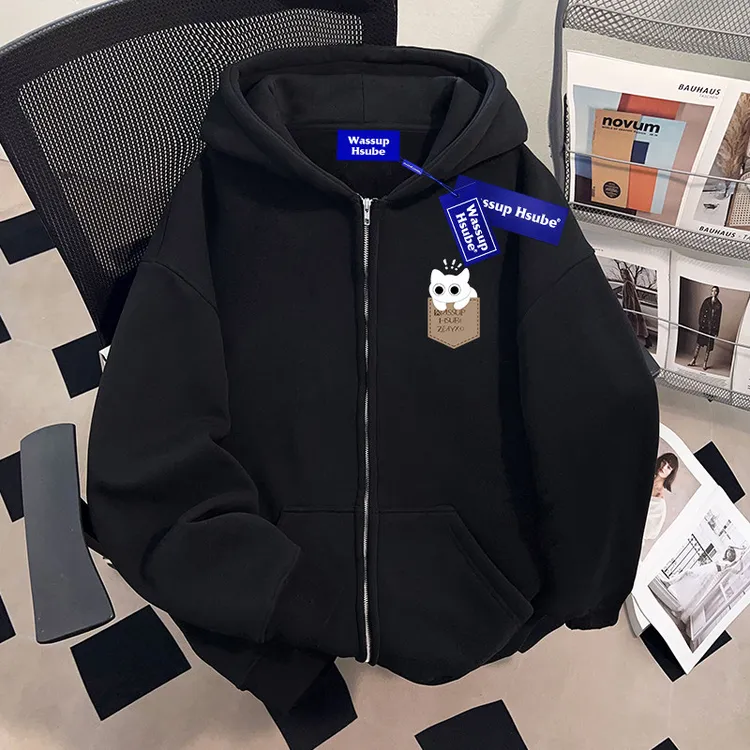 WASSUP HSUBE美式潮流开衫连帽黑色卫衣外套男士冬装慵懒宽松上衣