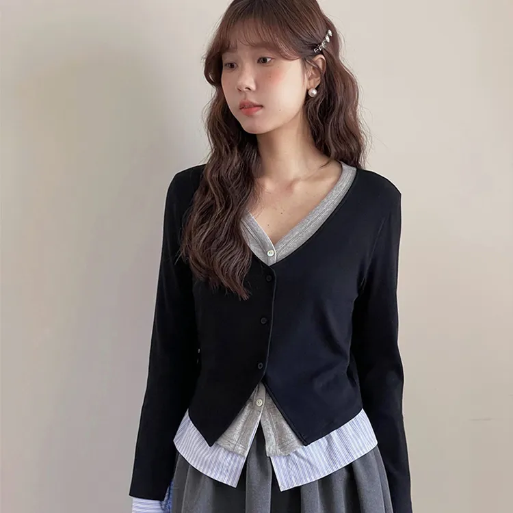 设计感假两件长袖T恤女春季流行韩系通勤时尚修身显瘦V领叠穿上衣