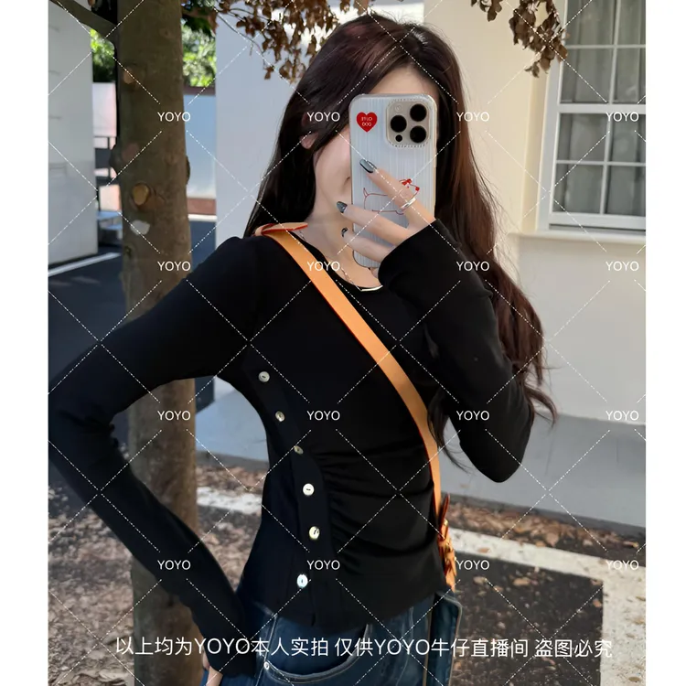 YOYO自制2【贝壳小蛮腰】秋款上衣显瘦气质圆领长袖打底上衣