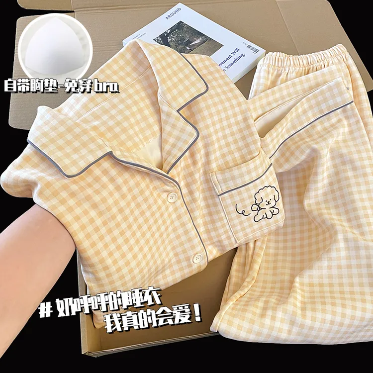 带胸垫睡衣女款爆款2025新款宽松春秋季大码可外穿长袖家居服套装