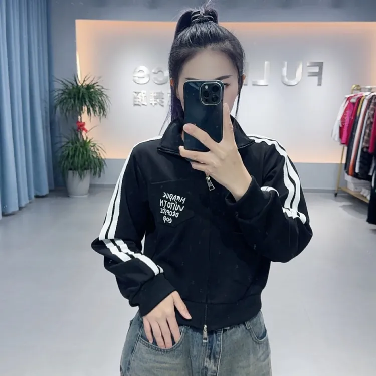 立领高级感开衫2025春秋新款短款卫衣外套女复古双条杠5558