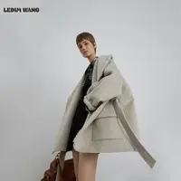 LEDIM WANG白标/慵懒阔版毛呢外套女25冬季新款沙漠灰中长款大衣
