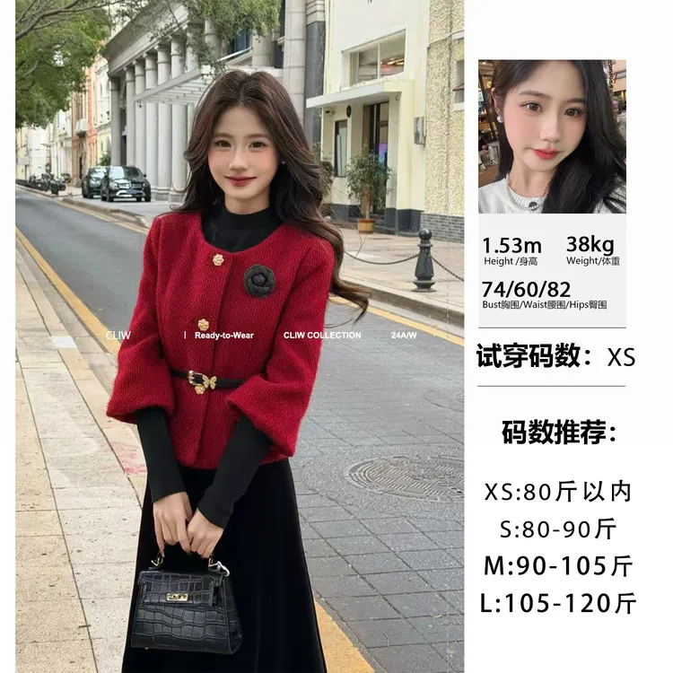 菜菜【赫本时光】“配腰带/配花朵”小个子冬季百搭显瘦夹棉外套CW92