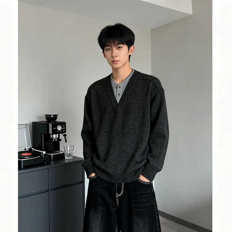 老钱风羊毛纱线深V领毛衣男款秋冬季慵懒风假两件宽松针织衫外套