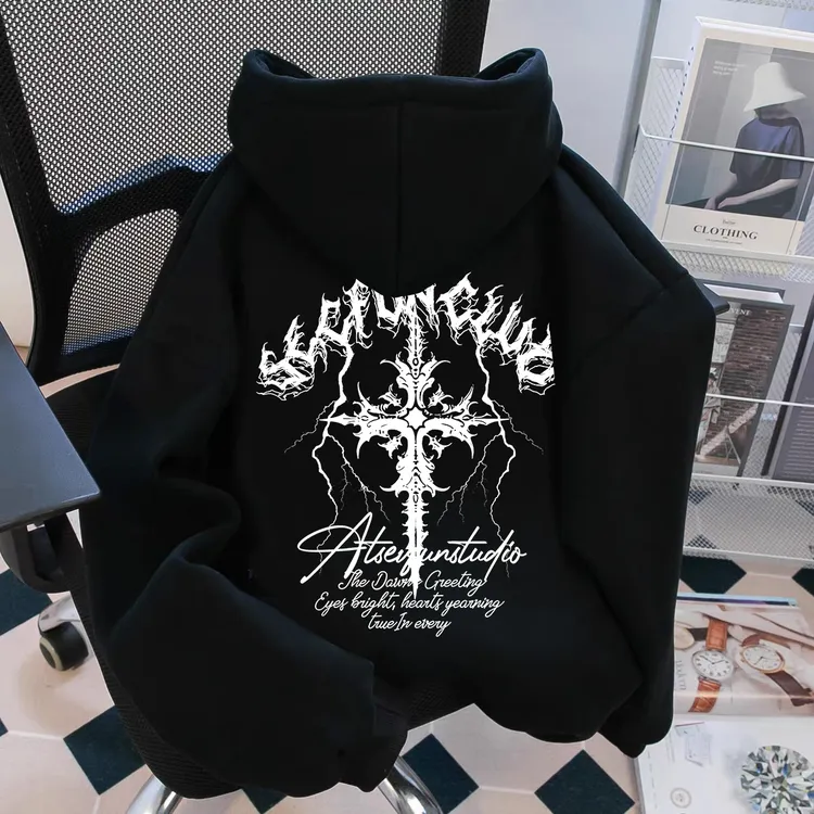 加绒加厚连帽卫衣艺术十字架印花潮牌秋冬新款男女装宽松长袖外套