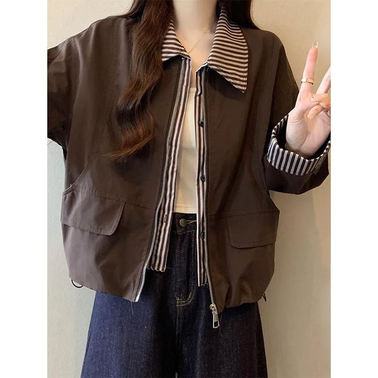 假两件咖啡色正肩长袖外套女秋装大码胖mm韩系chic小个子短款夹克
