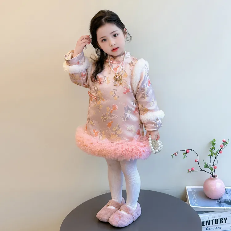 女童甜美加厚旗袍裙冬季2026新款儿童加绒加厚汉服宝宝唐装拜年服
