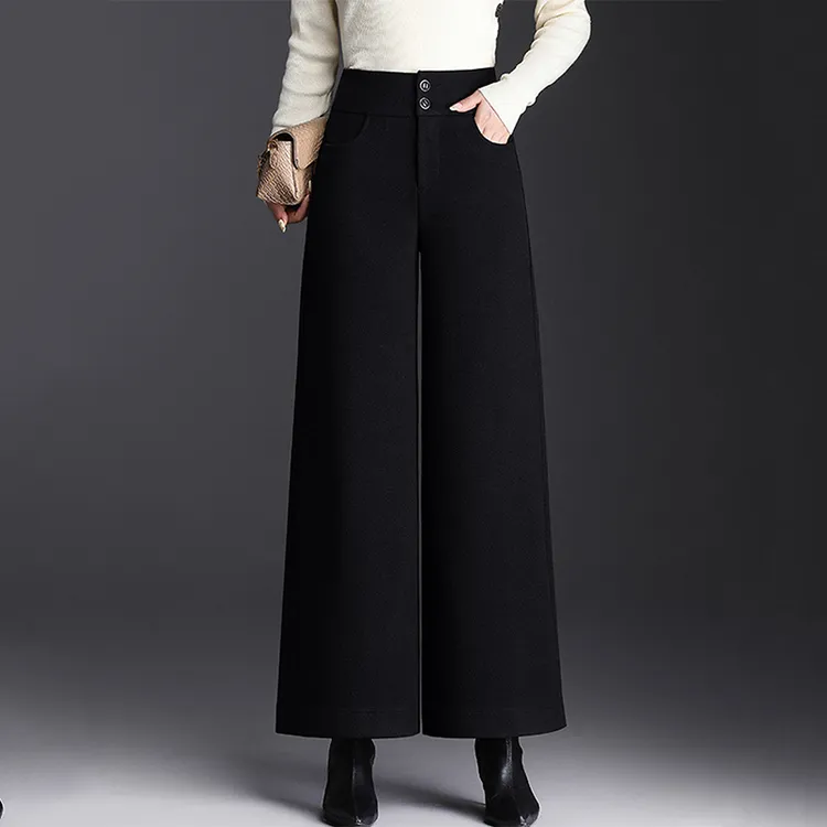毛呢阔腿裤女2025秋冬新款黑色加厚高腰裤直筒长裤牛仔裤加绒女款