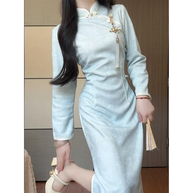 2025年秋季新款蓝色复古新中式长袖改良旗袍女日常收腰显瘦年轻款