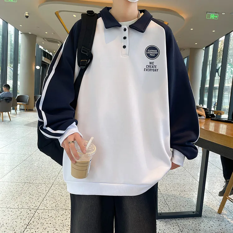 春秋季新款字母印花简约打底衫男生宽松潮流上衣美式休闲翻领卫衣