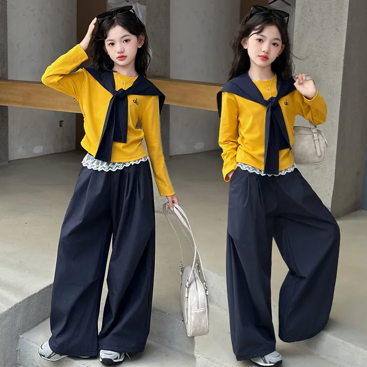 女童秋装休闲套装2025新款韩版洋气女孩春秋披肩长袖阔腿裤两件套