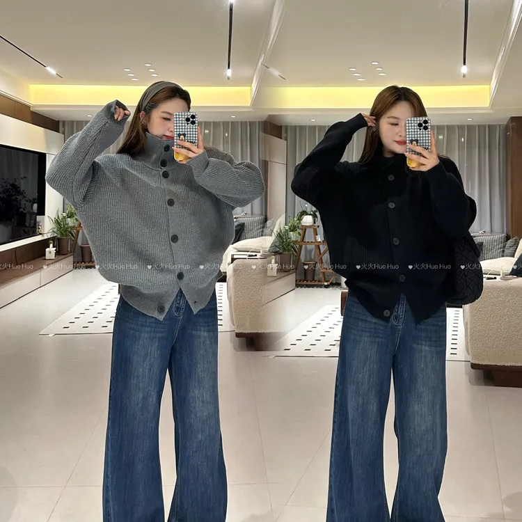 美式重磅高领针织开衫女秋冬新单排扣宽松慵懒毛衣外套#1010