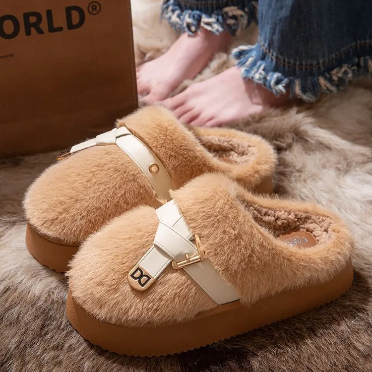 女士外穿式加绒加厚防滑底秋冬简约复古保暖棉拖鞋时尚潮流英伦风