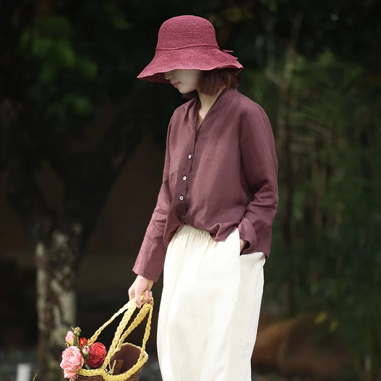 澳希美2025年初秋新款长袖简约咖色苎麻宽松衬衫上衣