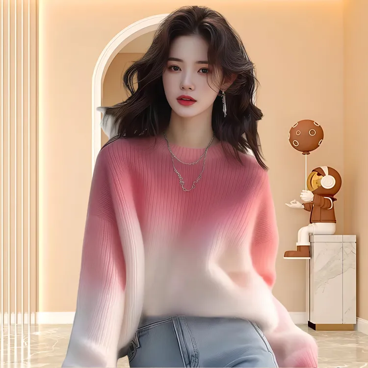 2025秋冬季新款女装禅意仙气飘飘韩系多巴胺粉白色渐变软糯毛衣