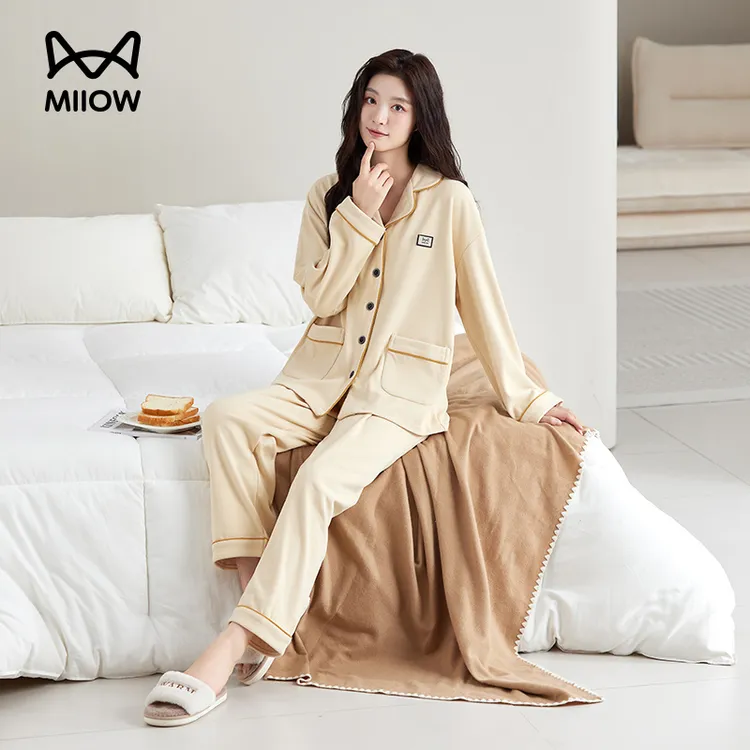 猫人秋冬季2025新款简约休闲长袖家居服女士可外穿套装磨毛睡衣女
