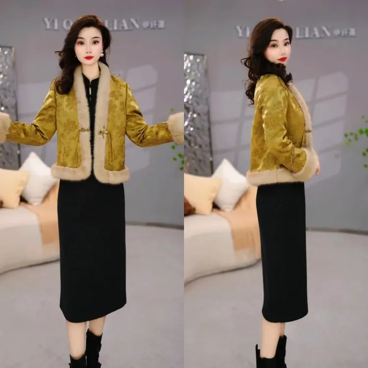 【外套+连衣裙】缎面冬季新中式带毛领贵气轻奢国风提花套装裙