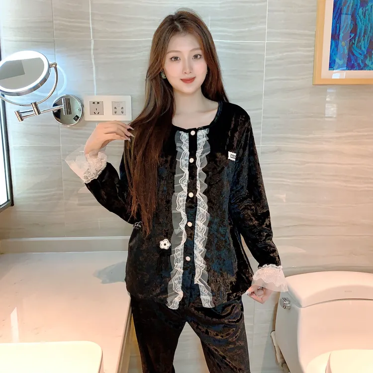 【榕榕轻奢】金钻绒秋冬法式圆领蕾丝花边家居服件套开衫可外穿