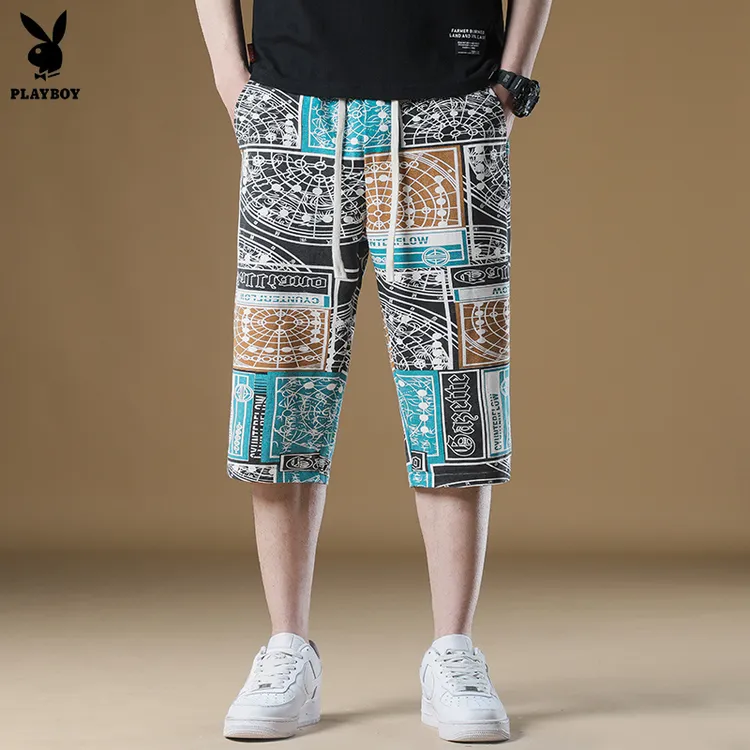 花花公子2025男士新款冰丝凉感七分裤夏季宽松民族风印花短裤系绳