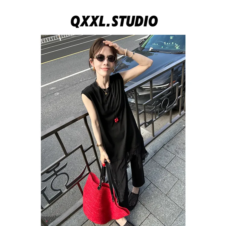 邱小小丽呀 夏款无袖圆领蕾丝背心裙 不规则小众宽松连衣裙女