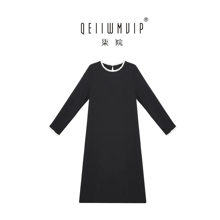 QEIIWMVIP/柒院秋季气质圆领花边宽松显瘦拼接优雅百搭连衣裙7099