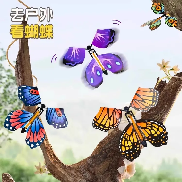 新款儿童户外玩具会飞的蝴蝶喷花礼盒飞去来器亲子互动竹蜻蜓礼物
