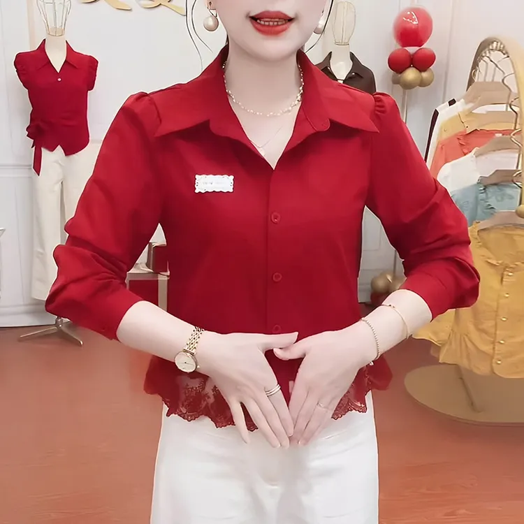 春秋法式圆领蕾丝花边长袖衬衫女2025新款珍珠扣设计洋气镂空上衣
