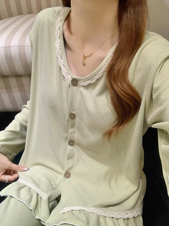 2025新款秋冬睡衣阳离子绒V领花边长袖开衫甜美家居服两件套装