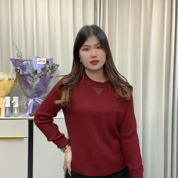 小鑫肝@圆领竖坑条网纱拼接满天星时尚宽松毛衣 0307